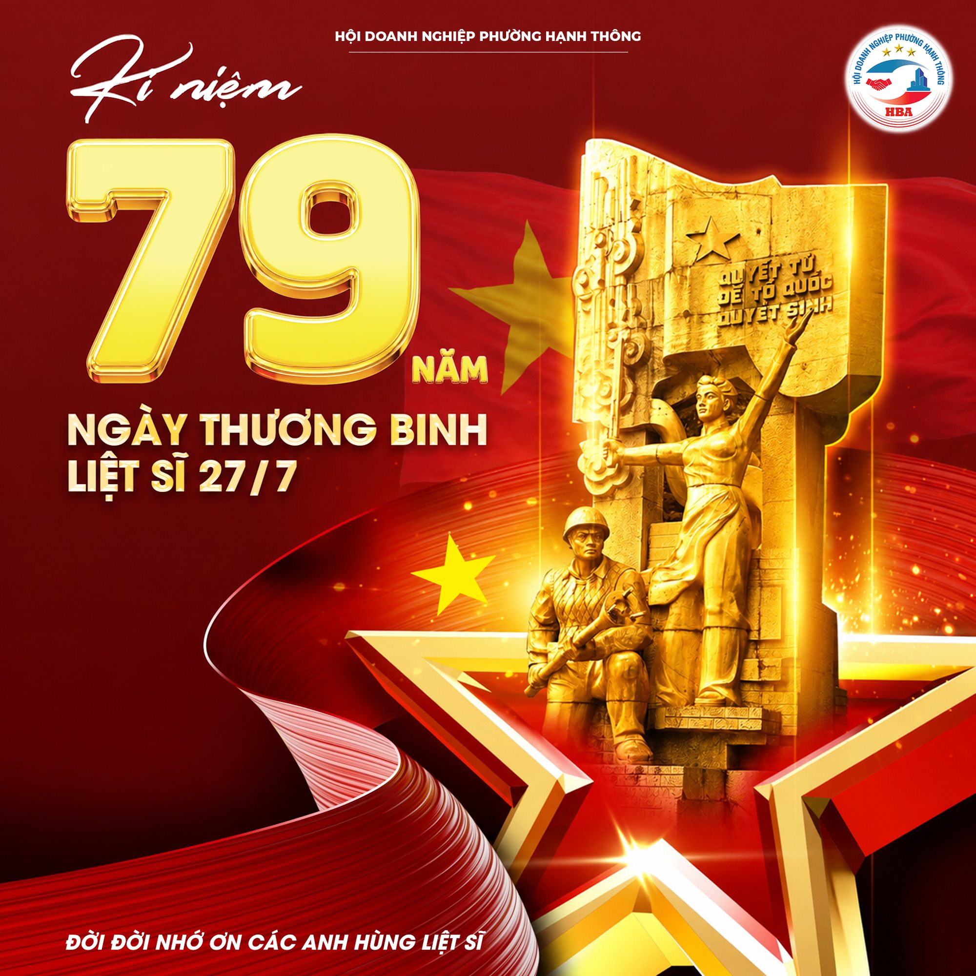 Ảnh kỷ niệm 79 năm Ngày Thương binh – Liệt sĩ 27/7, nền đỏ vàng với hình tượng đài và dòng chữ đời đời nhớ ơn các anh hùng liệt sĩ.