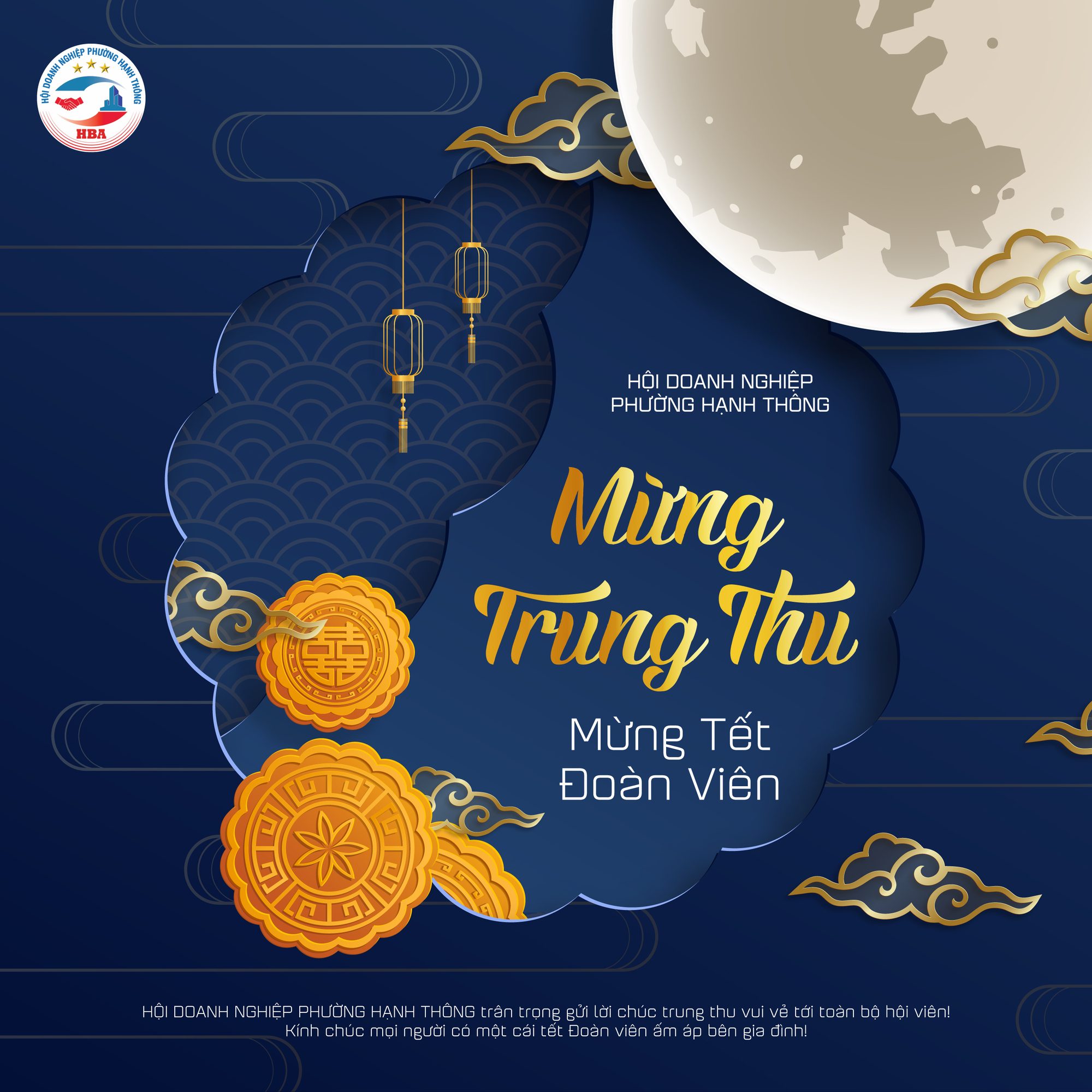 Thiệp mừng Trung thu, Tết đoàn viên của Hội Doanh nghiệp phường Hạnh Thông, với trăng tròn, bánh Trung thu và đèn lồng trên nền xanh.